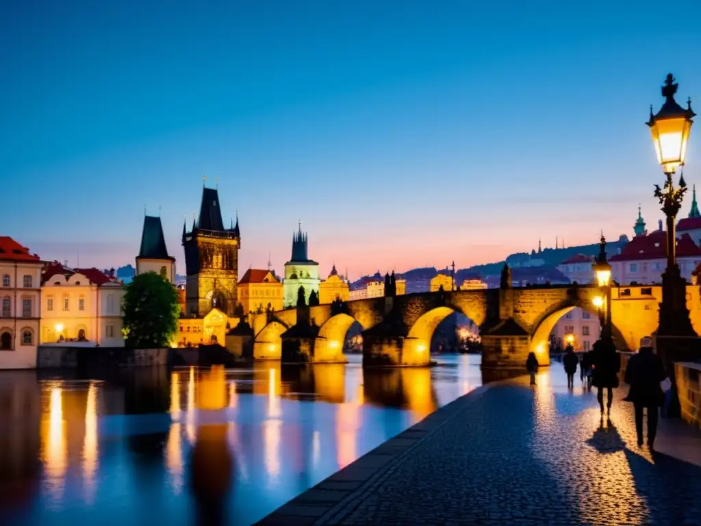 El atardecer ilumina el Puente de Carlos en Praga, una maravilla gótica llena de historia y belleza atemporal