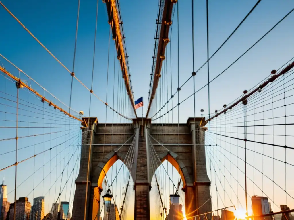 Un atardecer radiante ilumina el icónico Puente de Brooklyn, destacando su diseño artístico y funcional