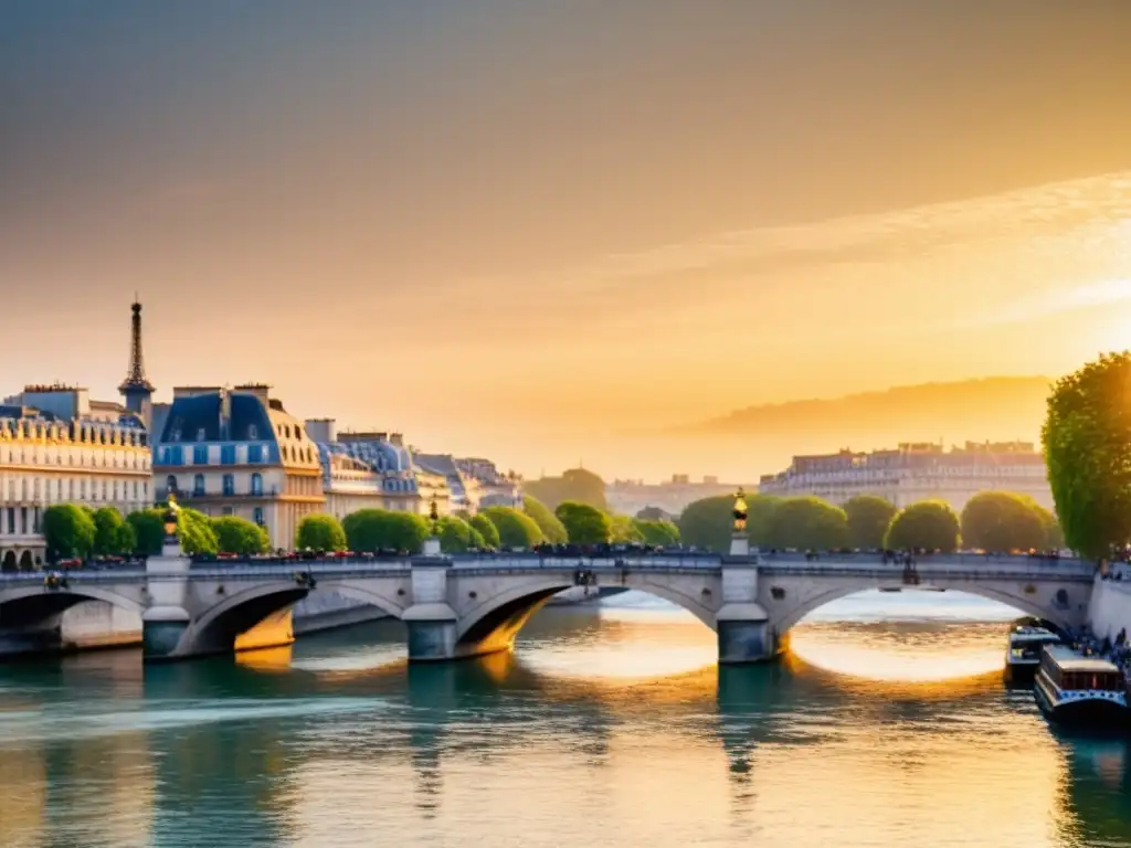 Pont Neuf en París al atardecer, con el río Sena y la icónica arquitectura resplandeciendo