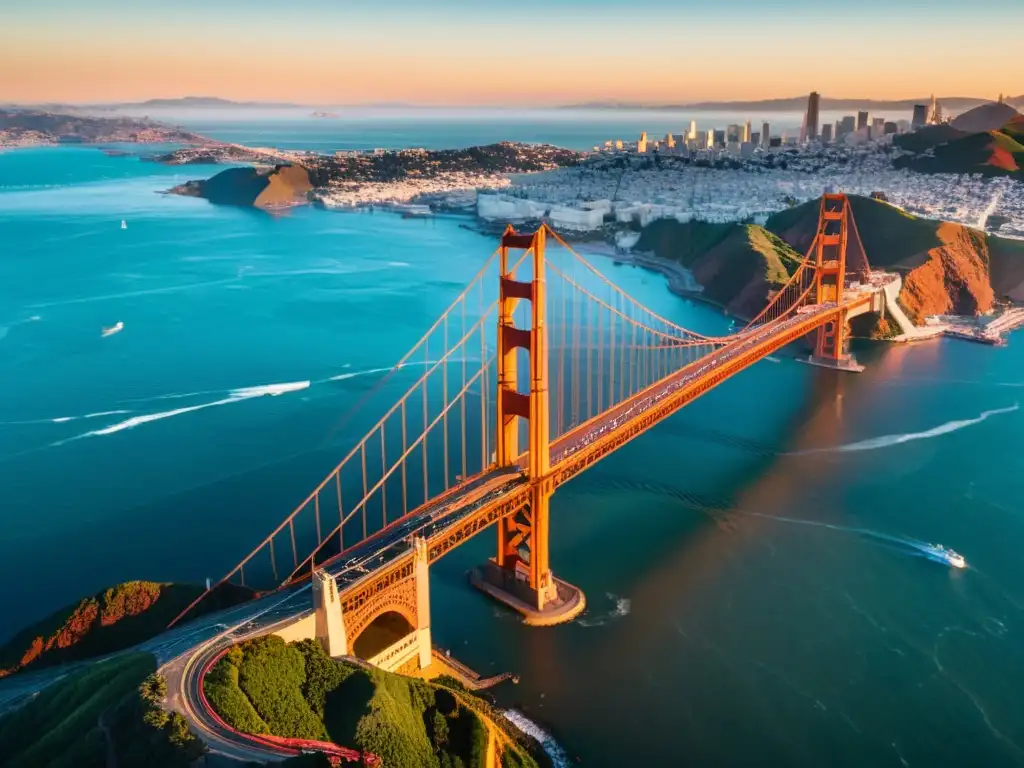 Un atardecer vibrante en San Francisco captura el icónico Puente Golden Gate sobre el océano Pacífico