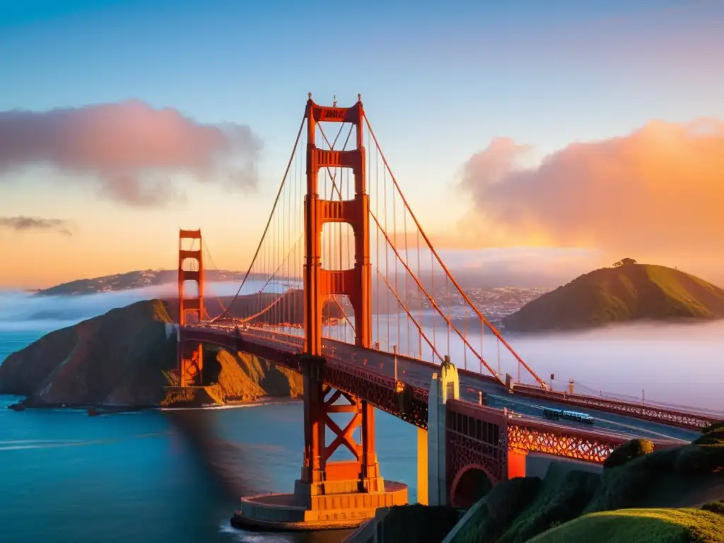 Un atardecer vibrante en el Puente Golden Gate, un ícono de aventura cultural, con detalles arquitectónicos impresionantes