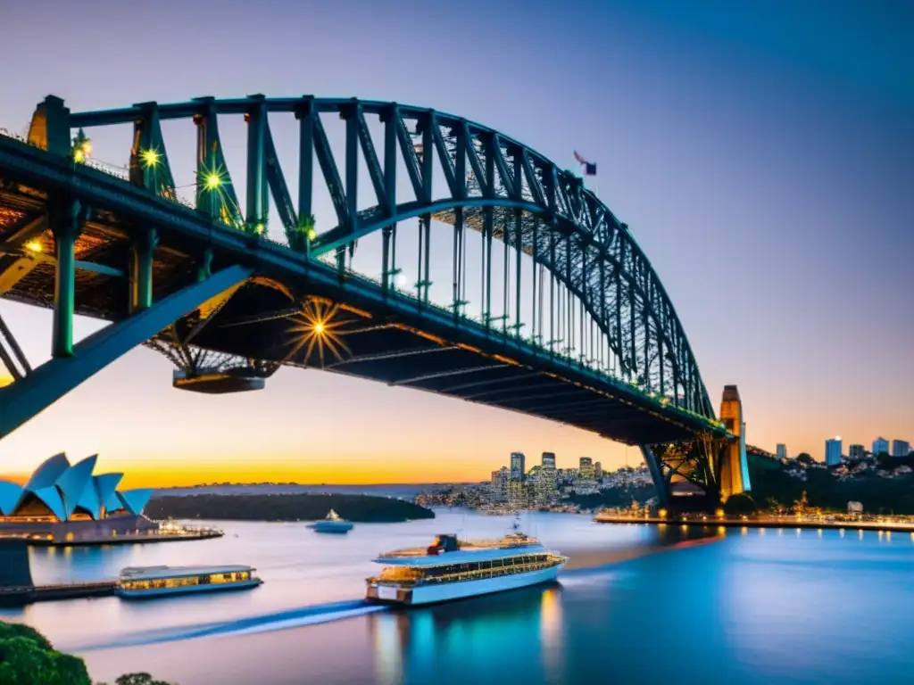 Un atardecer vibrante ilumina el Puente de la Bahía de Sídney en Australia, destacando su grandiosa arquitectura