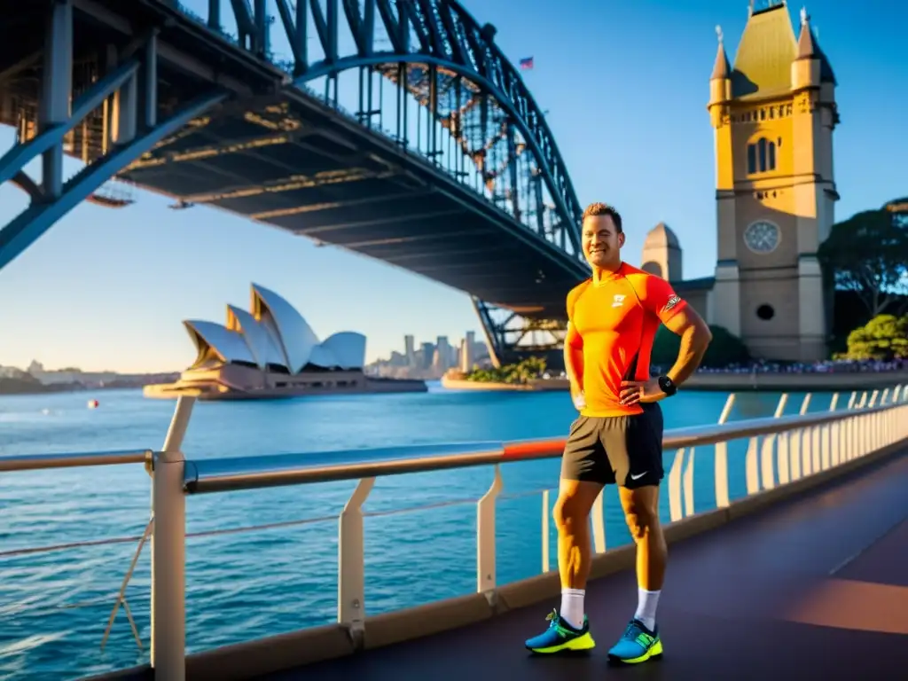 Un atleta con prótesis, determinado, se prepara para correr sobre el Puente de la Bahía de Sídney, con la Ópera en el fondo