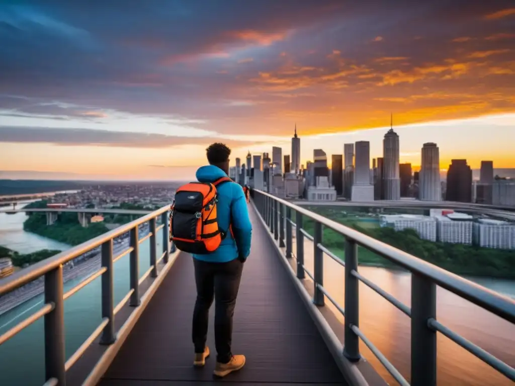 Un atrevido fotógrafo con mochila de equipo, listo para capturar la ciudad desde un puente icónico al atardecer