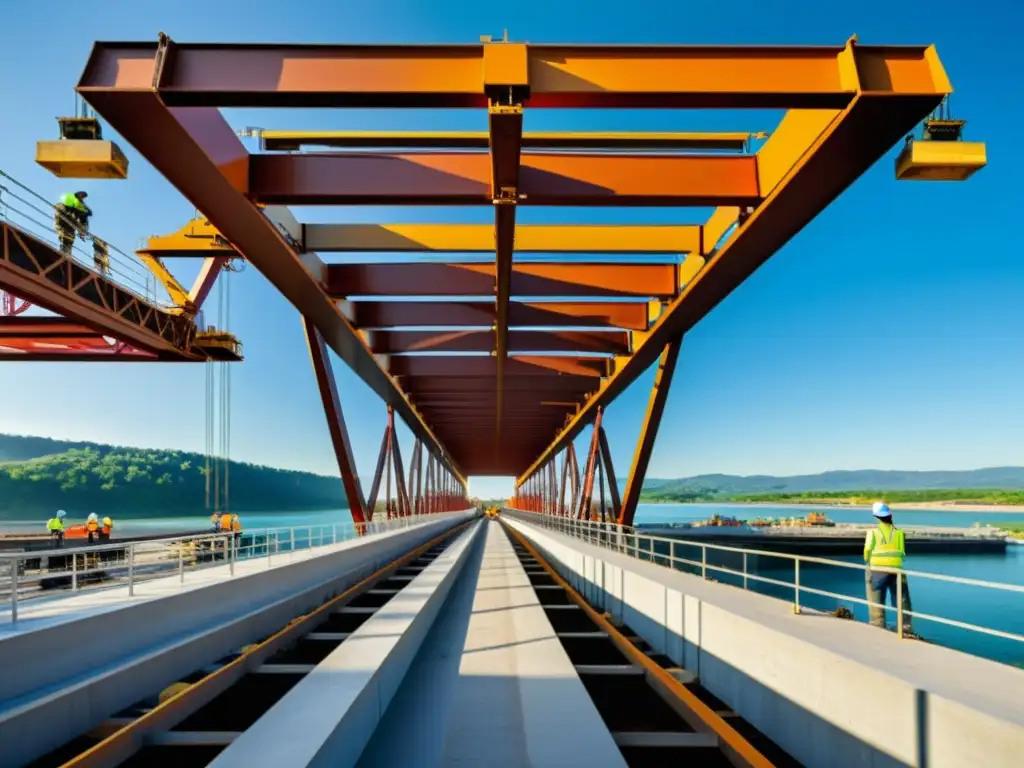 Avances tecnológicos en ingeniería de puentes: una imagen detallada de la construcción de un puente moderno, resaltando precisión y complejidad