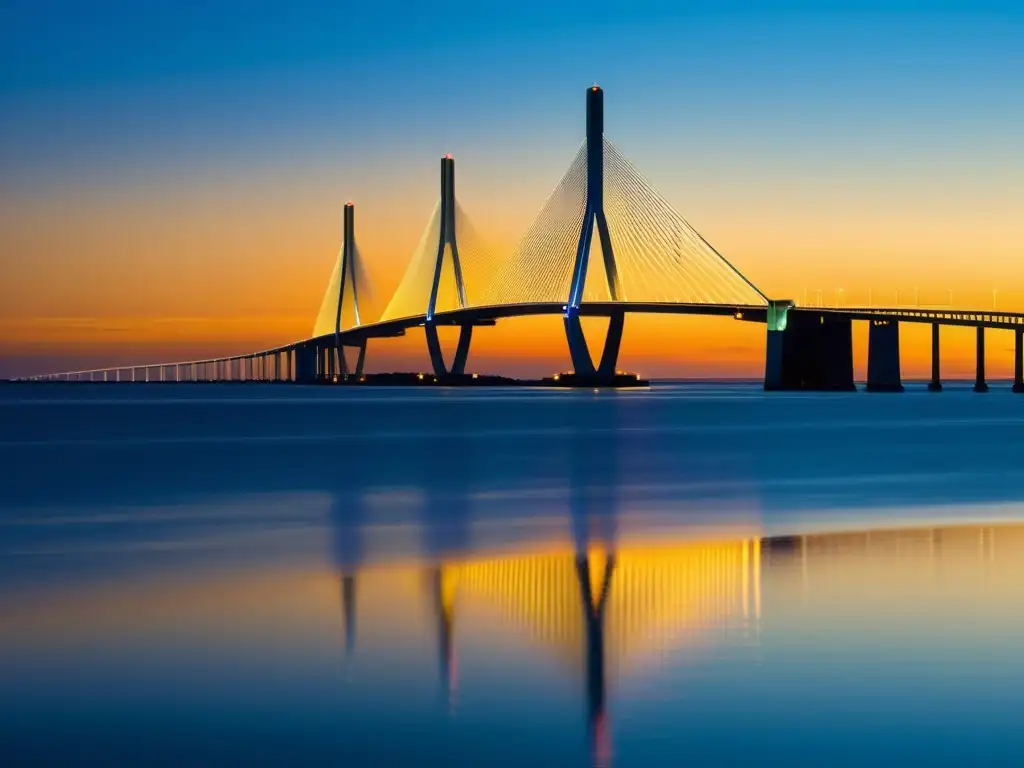 El icónico Sunshine Skyway Bridge en Florida, USA, se baña con la cálida luz dorada del atardecer, reflejándose en las tranquilas aguas