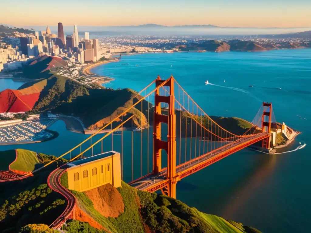 El Puente Golden Gate bañado por la cálida luz del atardecer, destacando su impacto cultural y arquitectura icónica