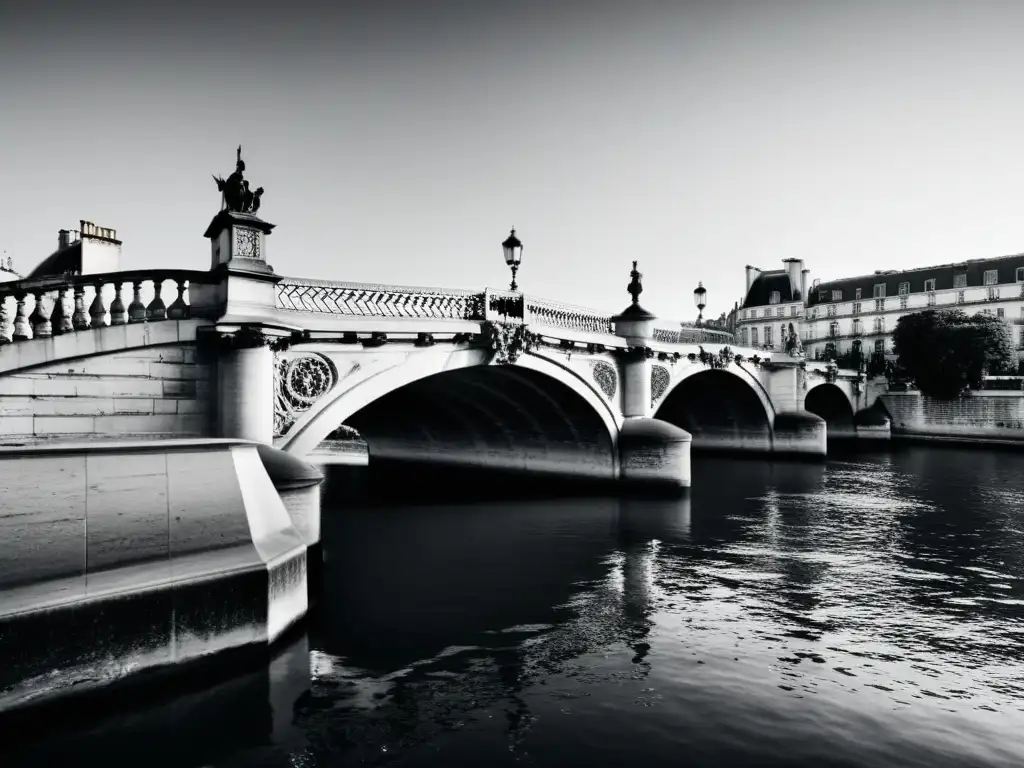 Pont Neuf en blanco y negro sobre el río Sena, evocando la belleza atemporal y la inspiración literaria de los puentes icónicos en literatura