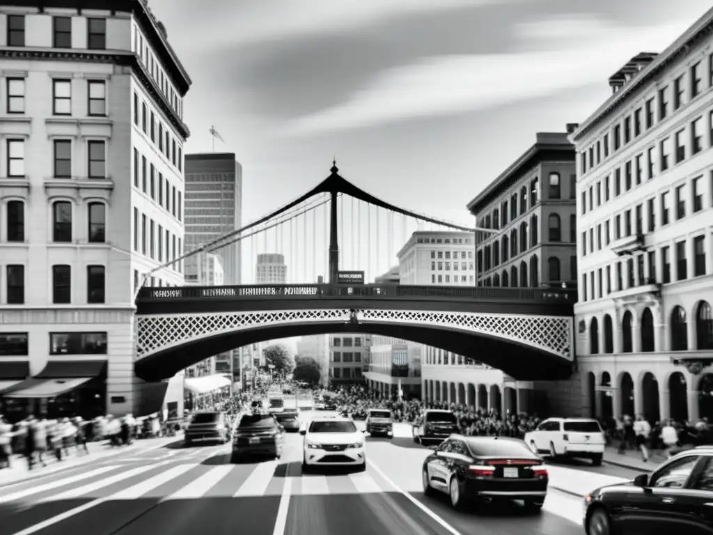 Una fotografía en blanco y negro de un bullicioso puente icónico en una ciudad, capturando la energía vibrante y la historia arquitectónica