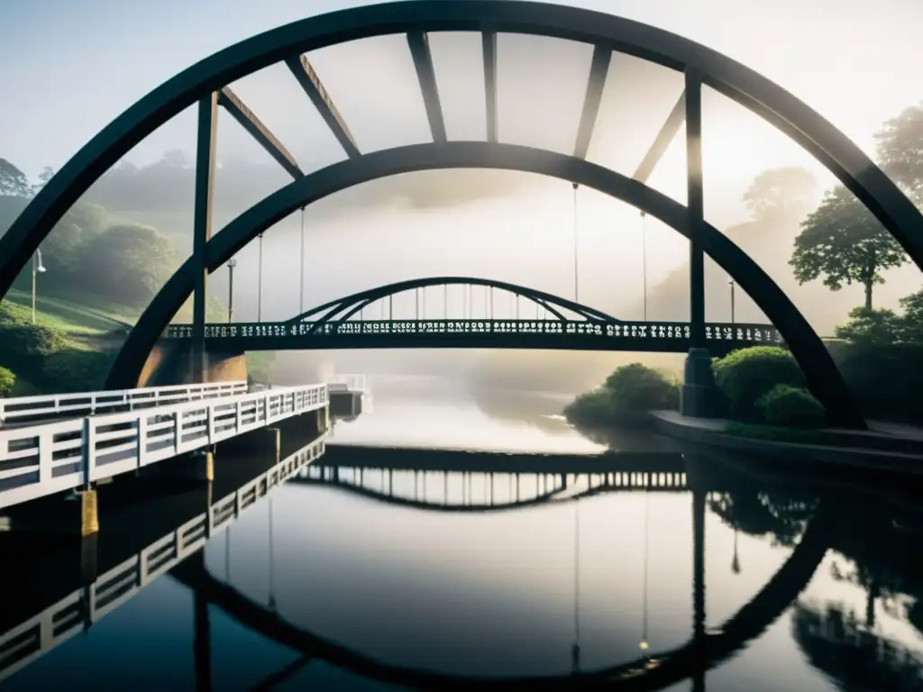 Una fotografía en blanco y negro de un majestuoso puente arqueado que se extiende sobre un río brumoso, resaltando su grandiosidad y belleza atemporal