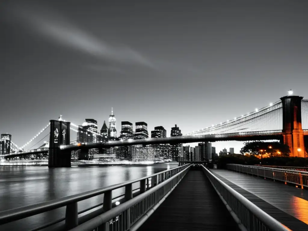 Fotografía en blanco y negro del puente de Brooklyn al atardecer, con detalles de acero y arcos creando siluetas cautivadoras contra el cielo