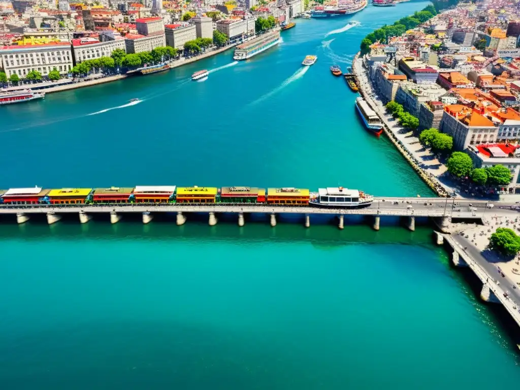 Bodas internacionales en el vibrante Puente Galata de Estambul, con coloridos barcos pesqueros y la impresionante vista de la ciudad al fondo