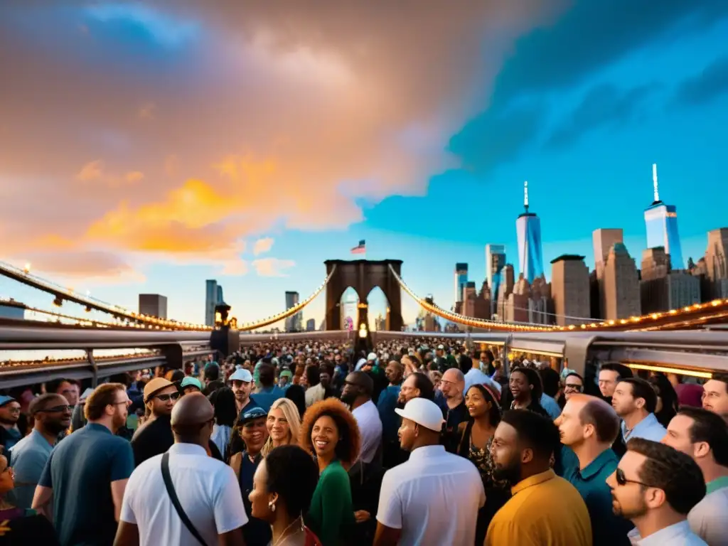 Una bulliciosa celebración cultural en el icónico Puente de Brooklyn, con música, arte y luces vibrantes