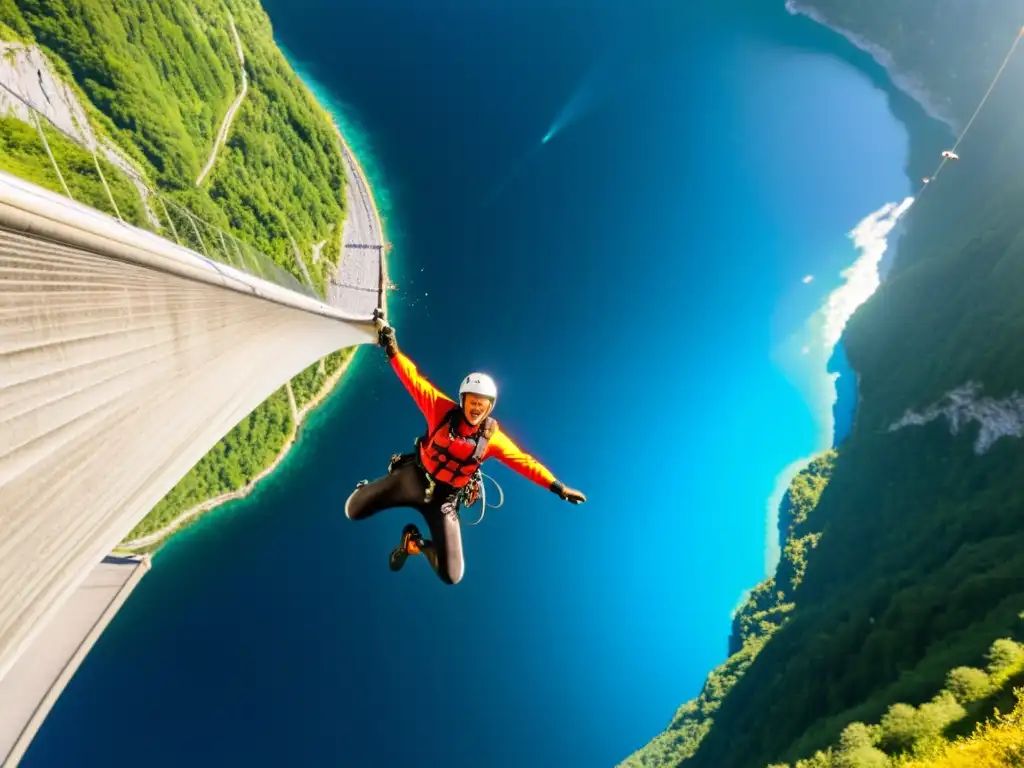 Un bungee jumper desafiante salta desde la famosa presa Verzasca en Suiza