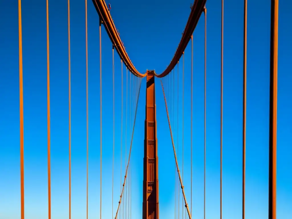 Los cables de acero del Puente Golden Gate destacan en el cielo azul, reflejando la historia y arquitectura icónica de esta maravilla ingenieril