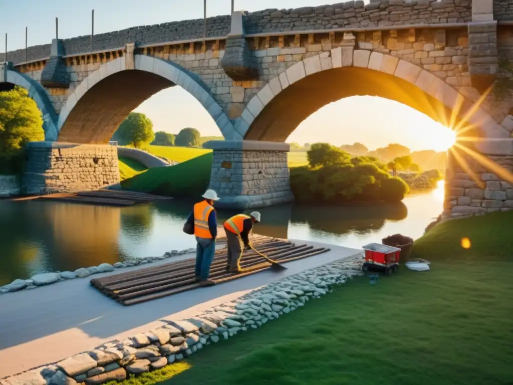 Una cálida escena de restauración de un antiguo puente de piedra, mostrando el cuidadoso trabajo de los expertos en restauración