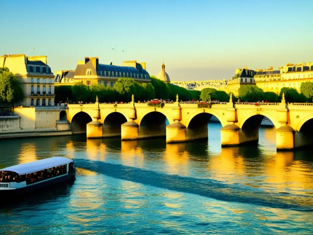 Pont Neuf en París, bañado en cálida luz dorada, refleja su arte e historia cultural a orillas del Sena