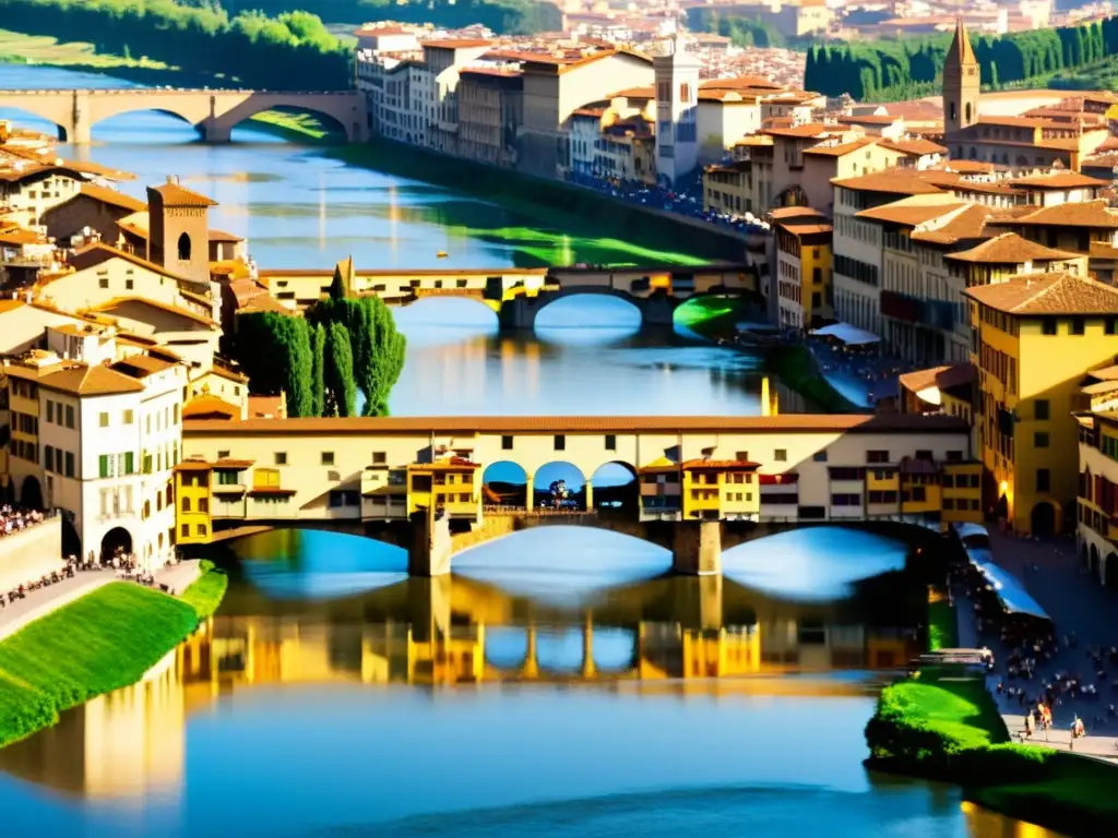 La cálida luz del sol brilla sobre el Ponte Vecchio en Florencia, mostrando su arquitectura histórica en una impresionante visualización 3D