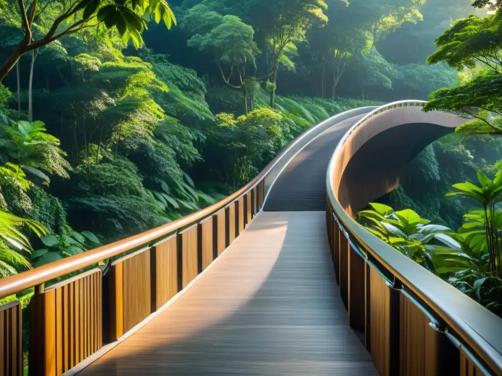 El cálido atardecer resalta el diseño orgánico del Puente Henderson Waves en Singapur, rodeado de exuberante vegetación y figuras silueteadas