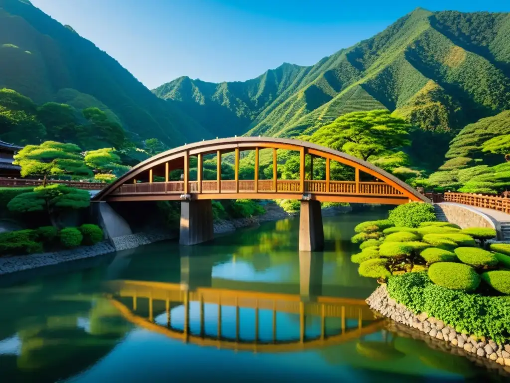 El cálido atardecer ilumina el Puente de Kintai en Japón, resaltando su diseño tradicional y la armonía con la naturaleza