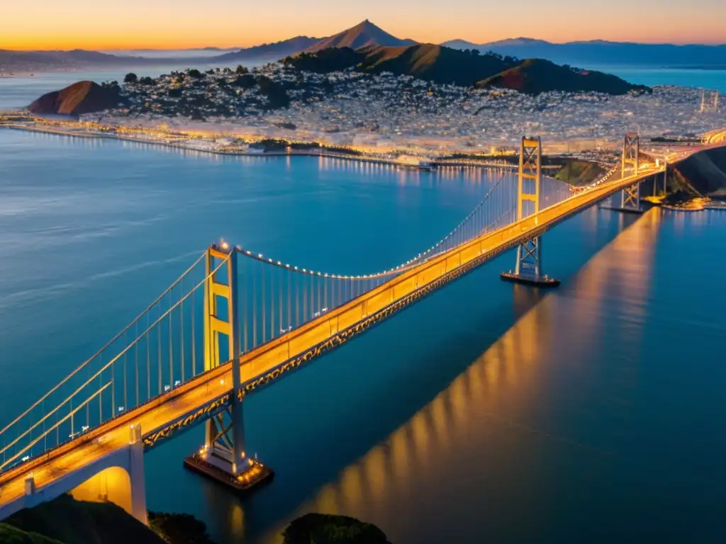 El cálido resplandor del atardecer ilumina el moderno Puente de San Francisco-Oakland Bay, resaltando su estructura y conexión vital con la ciudad