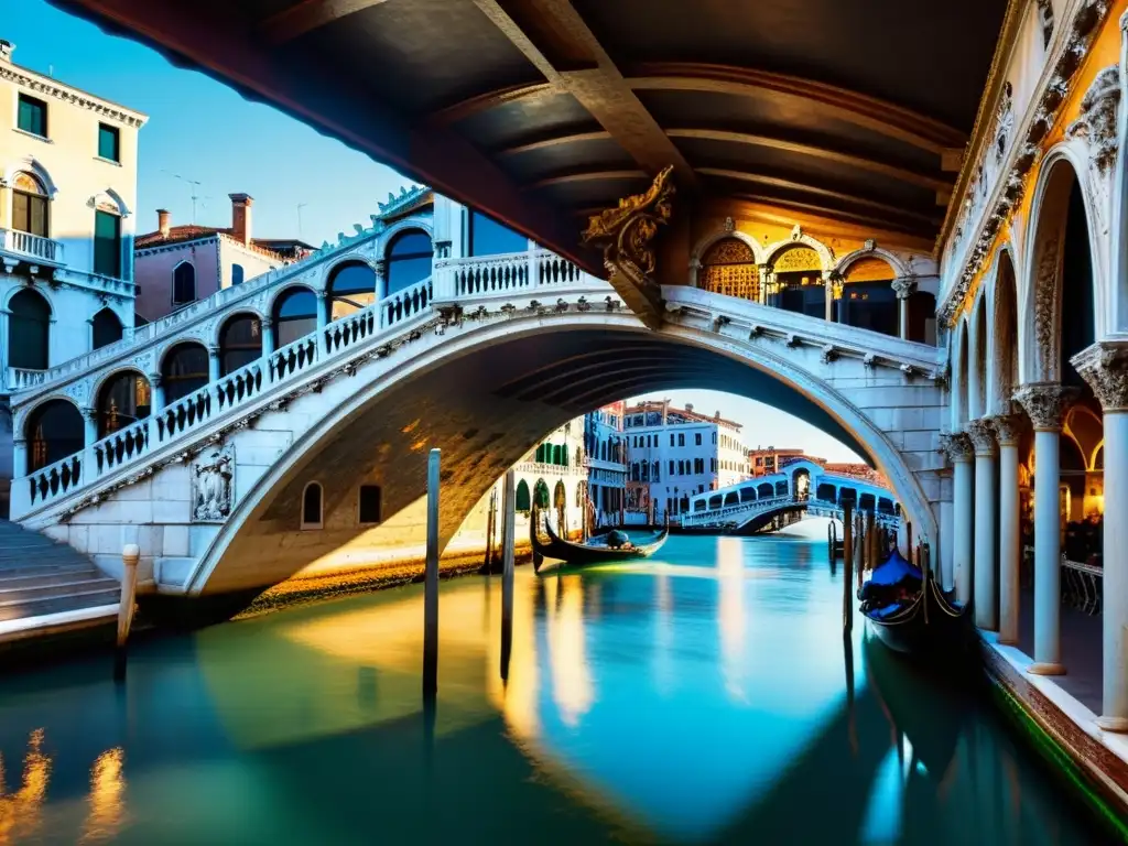 Explorando Venecia desde sus canales: Detalle arquitectónico del Puente Rialto, con sus elegantes arcos y esculturas, bañado por la luz del sol