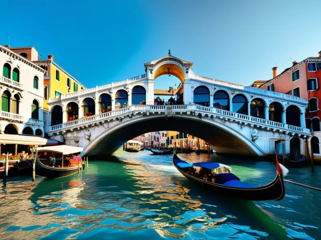 Explorando Venecia desde sus canales: El icónico Puente de Rialto bañado por la cálida luz del sol, rodeado de la animada actividad del Gran Canal