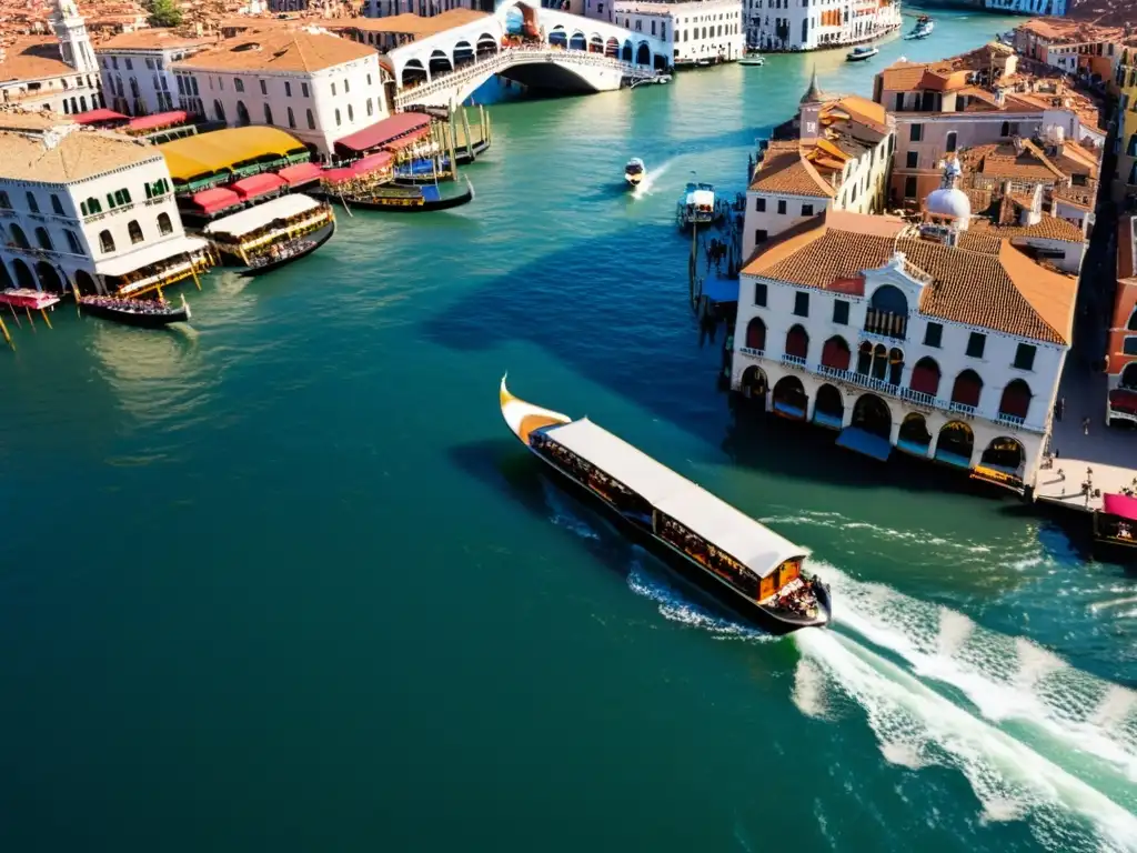 Explorando Venecia desde sus canales: Vista aérea del icónico Puente de Rialto sobre el Gran Canal, bañado por la luz dorada del sol