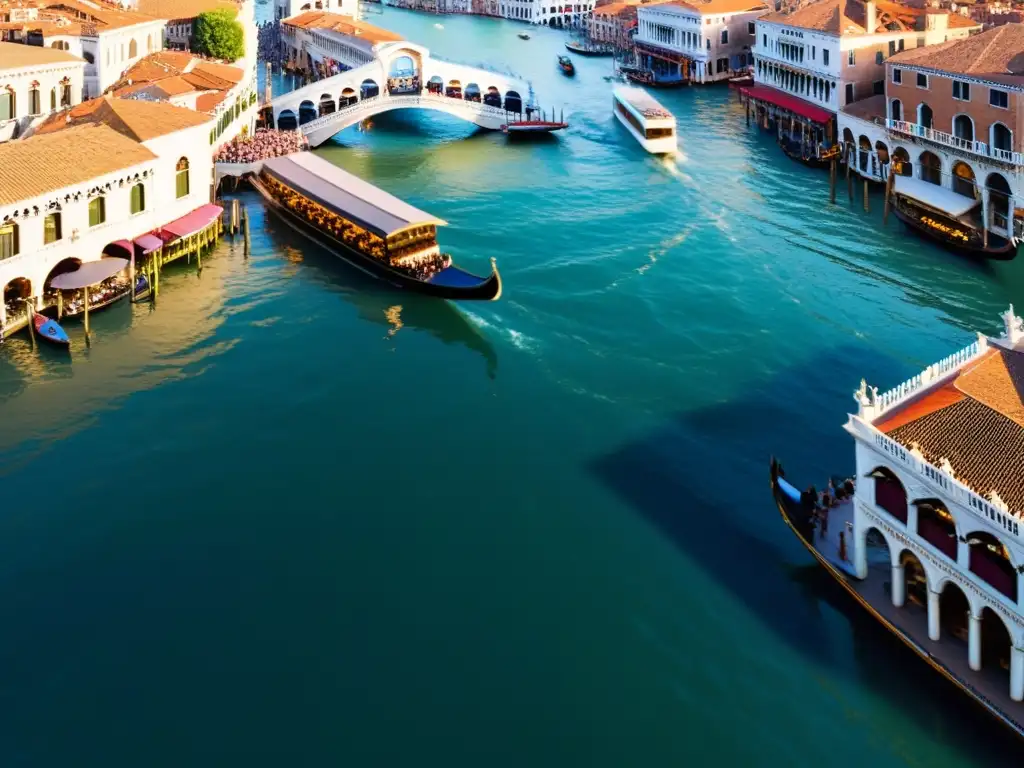 Explorando Venecia desde sus canales: vista aérea del icónico Puente de Rialto sobre el Gran Canal, bañado por la cálida luz matutina