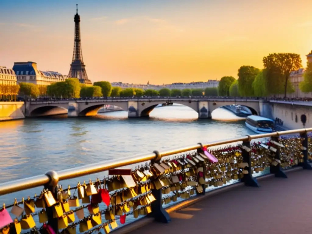 El icónico Pont des Arts en París con candados de amor, bañado por el cálido sol