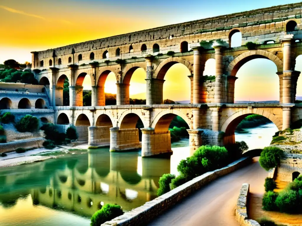 Captura del icónico Pont du Gard al atardecer, mostrando su resistencia histórica y arquitectura en detalle