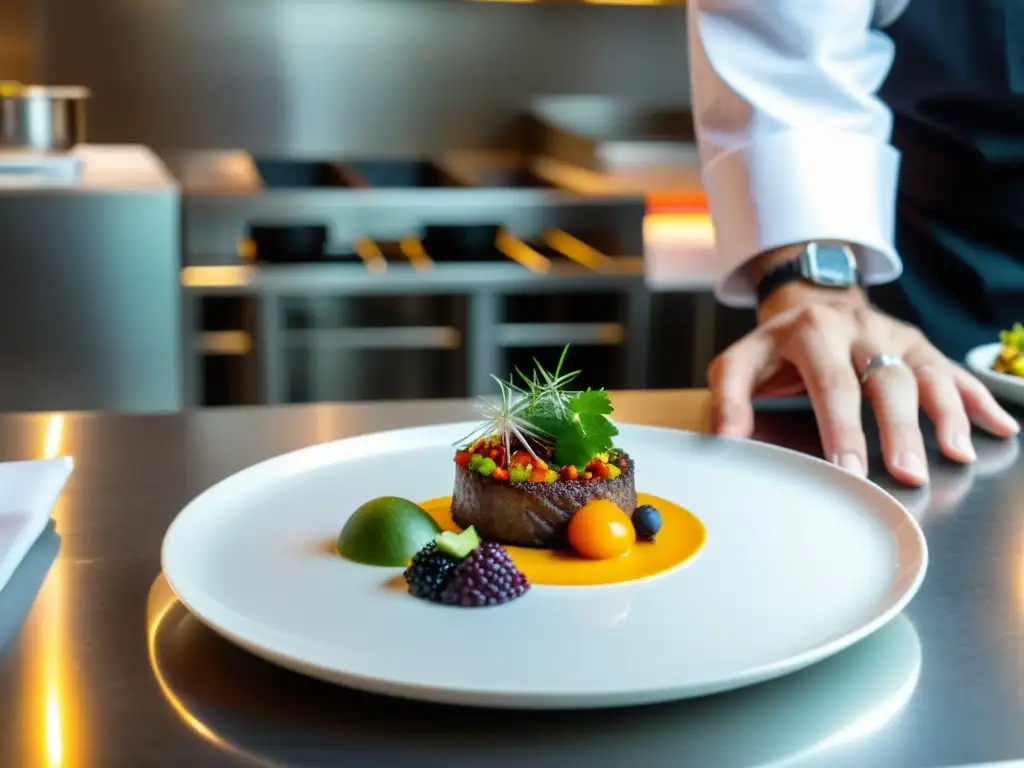 Un chef experto coloca con precisión una obra culinaria frente al Puente de la Mujer, fusionando tradición e innovación en festivales culinarios