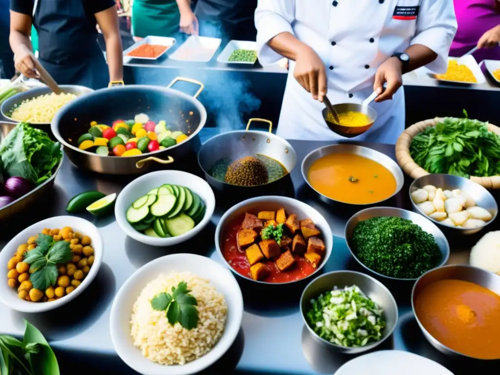 Chef preparando plato en festival culinario Puente de la Mujer, con ingredientes frescos y entusiastas probando variedad de platos