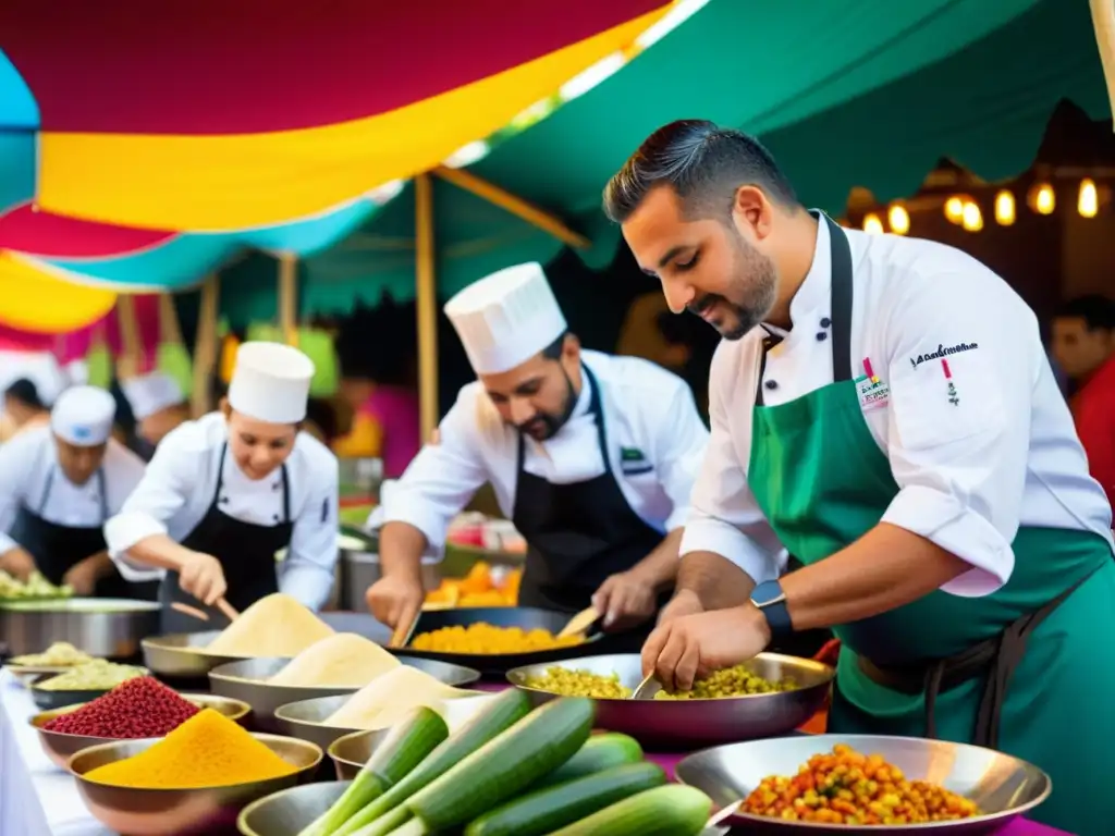 Chefs preparando delicias en festivales culinarios Puente Mujer, con ambiente vibrante y colorido