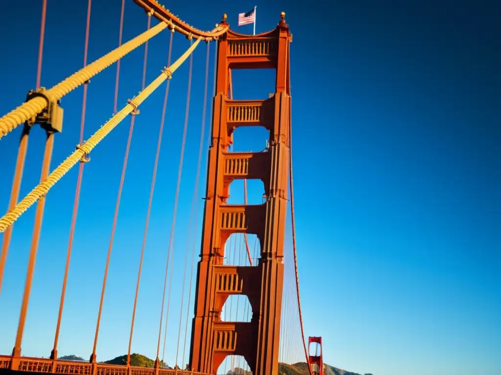 Closeup del icónico puente Golden Gate en San Francisco, con sus cables rojo anaranjados destacando sobre el cielo azul