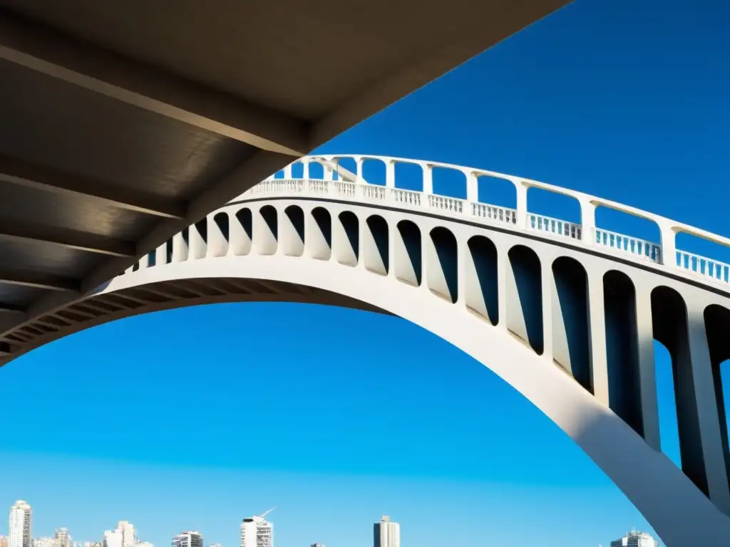 Closeup del Puente de la Mujer en Buenos Aires, resaltando su diseño arquitectónico y detalles, contra el paisaje urbano y cielo azul claro