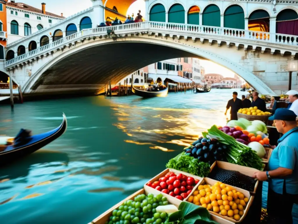 Cocina local en puentes icónicos: escena bulliciosa en el puente de Rialto, Venecia