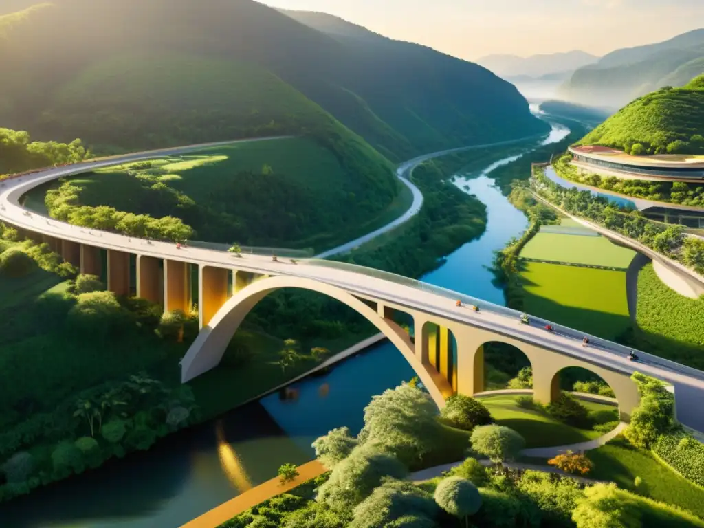 Colaboración internacional en la construcción de puentes sostenibles, integrando arquitectura y naturaleza en un valle verde