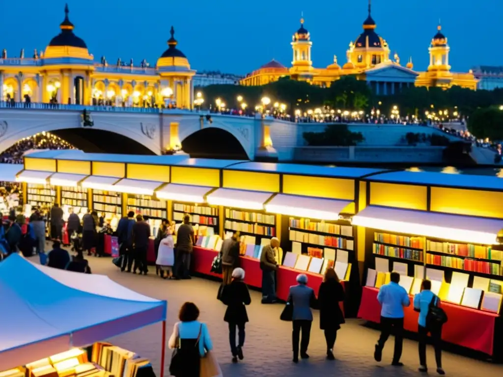 Coloridas ferias del libro en el Puente Alexandre III, con puestos de libros y visitantes disfrutando de la vibrante atmósfera literaria