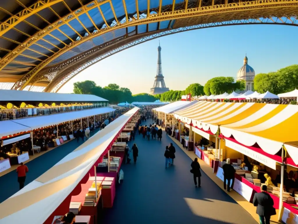 Coloridas ferias del libro en Puente Alexandre III con la Torre Eiffel de fondo, un paraíso literario junto al río Sena