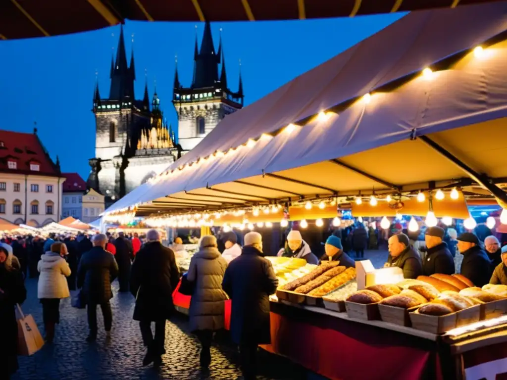 Colorido mercado de comida bajo el icónico Puente de Carlos en Praga, con cocina local en puentes icónicos y ambiente animado