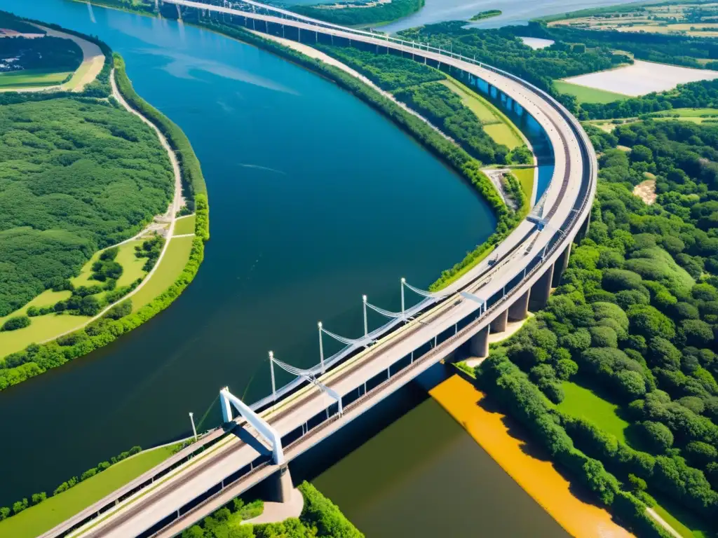 Compleja red de puentes sobre un río, reflejo del sol en acero y concreto, contrastando con la exuberante vegetación