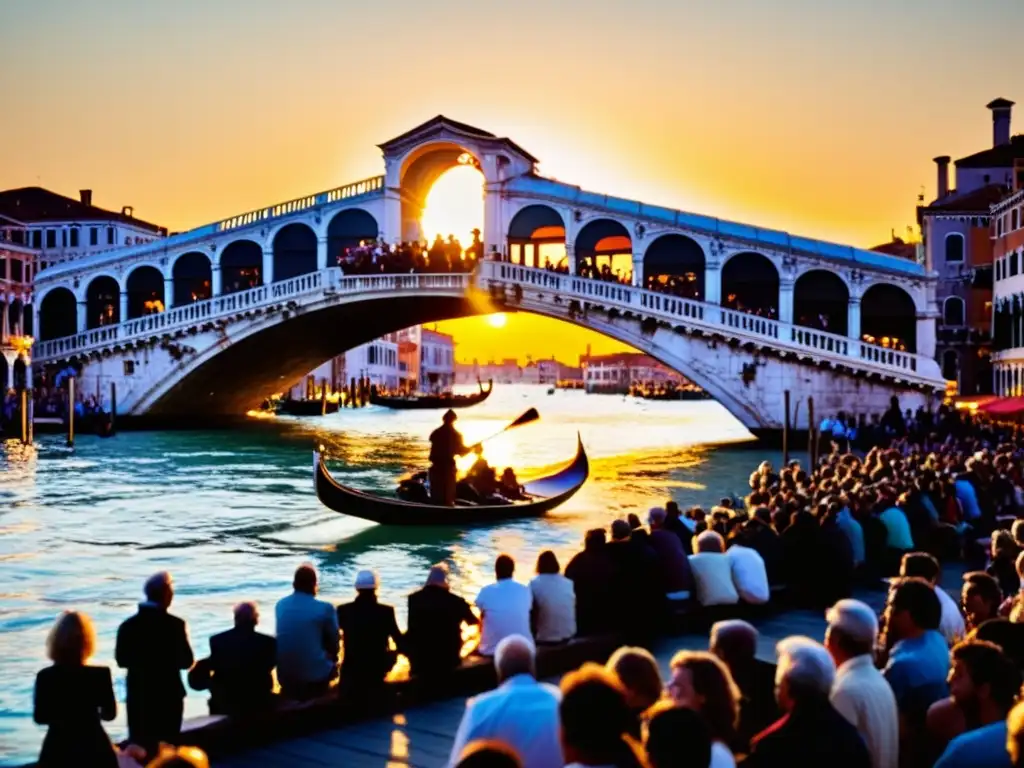 Concierto en Puente Rialto, Venecia: músicos apasionados y vibrante atmósfera junto al Gran Canal al atardecer