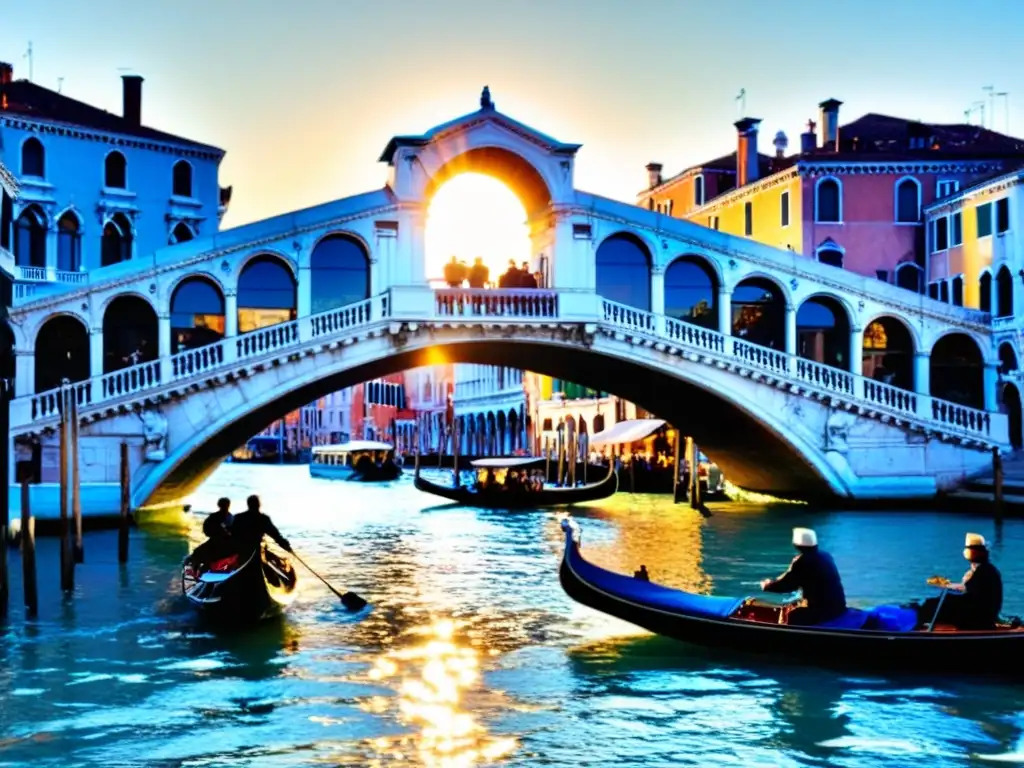 Conciertos junto al Puente Rialto en Venecia, con góndolas bajo el cálido atardecer y músicos preparando su actuación