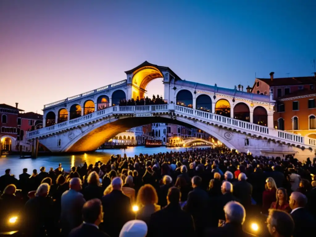 Conciertos en el Puente Rialto de Venecia al atardecer, con la serena vista de los canales y la música encantadora