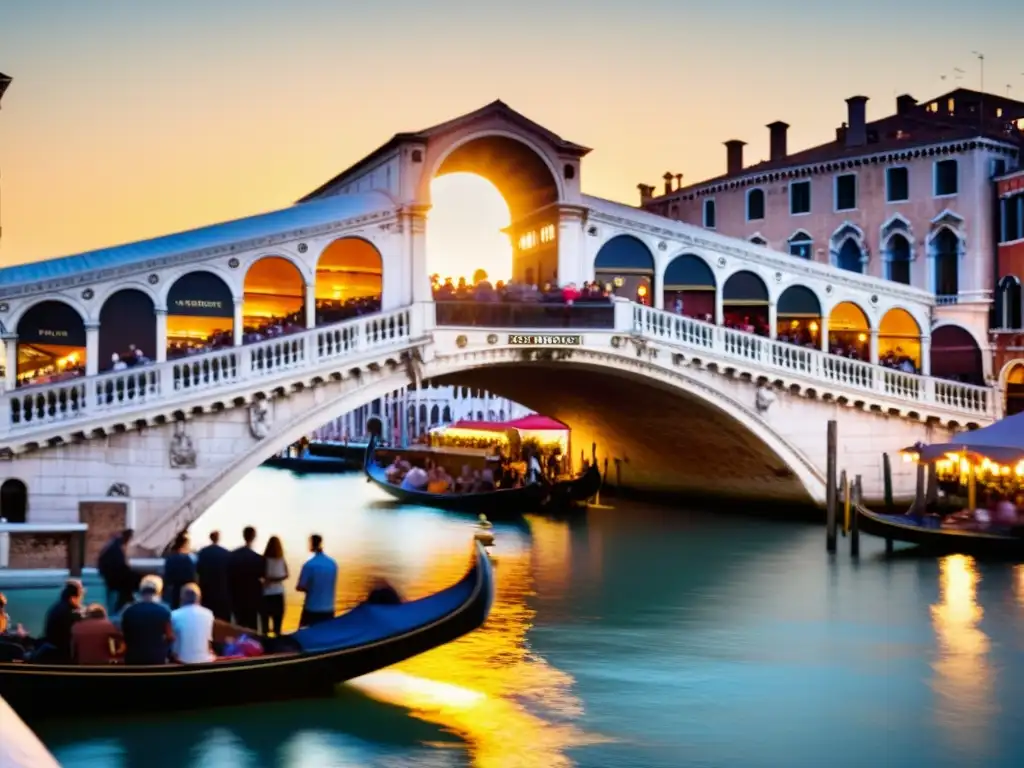 Conciertos en el Puente Rialto de Venecia: vibrante escena nocturna con música en directo, multitud diversa y arquitectura iluminada