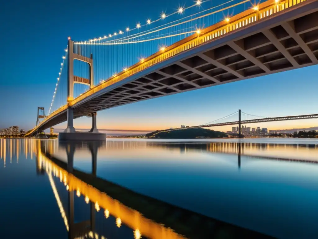 Consejos para fotografía de puentes con smartphone: majestuoso puente al atardecer, reflejo de luces en el agua, belleza arquitectónica y tranquilidad