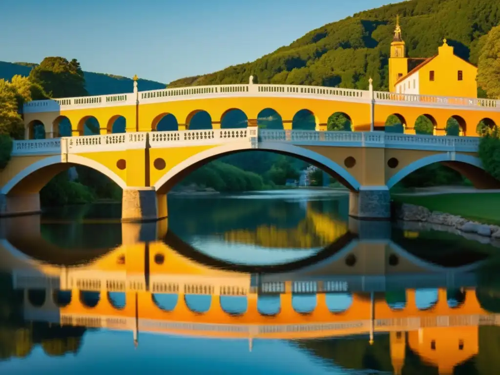 Consejos para fotografía de puentes con smartphone: Puente pintoresco iluminado por el cálido atardecer, reflejándose en aguas tranquilas