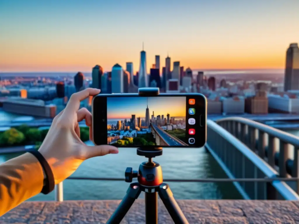 Consejos para fotografía de puentes con smartphone: Smartphone en trípode capturando detalles arquitectónicos de un puente al atardecer