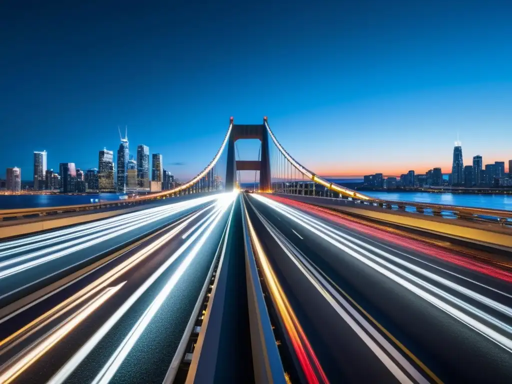 Consejos fotografía puentes smartphone: Puente moderno iluminado al anochecer con luces de la ciudad y carros en movimiento